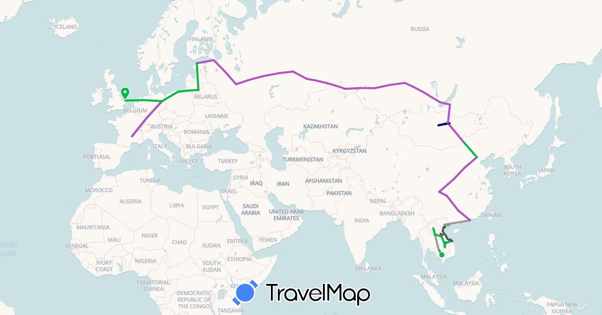 TravelMap itinerary: driving, bus, plane, train, boat, motorbike in China, Germany, Estonia, France, United Kingdom, Cambodia, Laos, Lithuania, Mongolia, Poland, Russia, Vietnam (Asia, Europe)